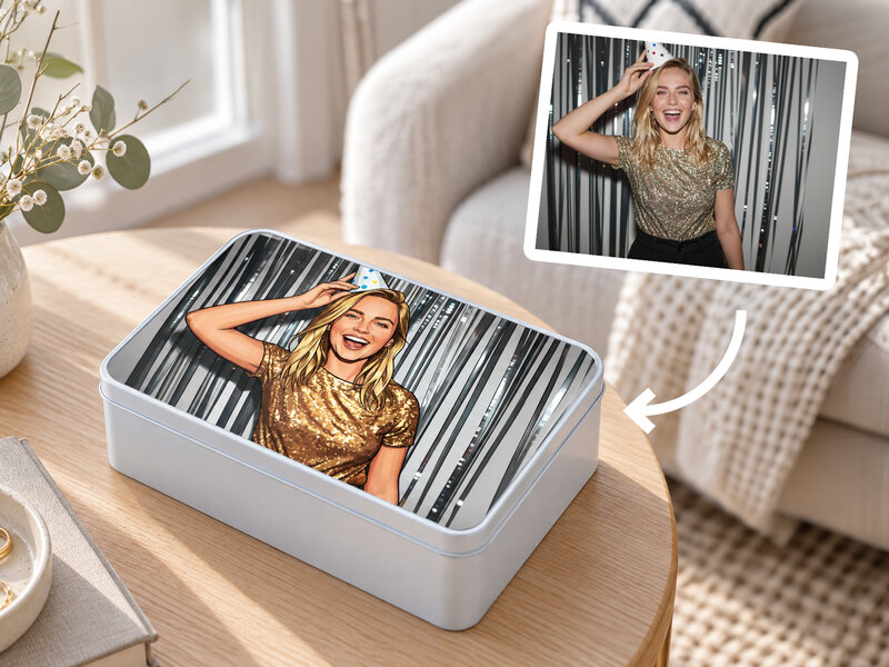 Rektangulär förvaringsbox i metall – Eget foto valfri konststil